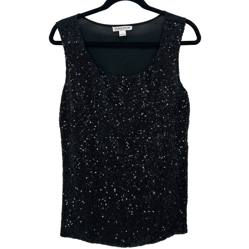Pendleton Womens Black Sequin Silk Tank Top‎ Size Large Going Out Top Party